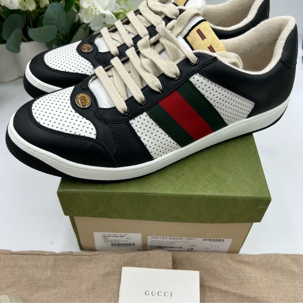 Men’s Gucci, low top screener sneakers, black/white paneled leather design 12.5 - Picture 2 of 12
